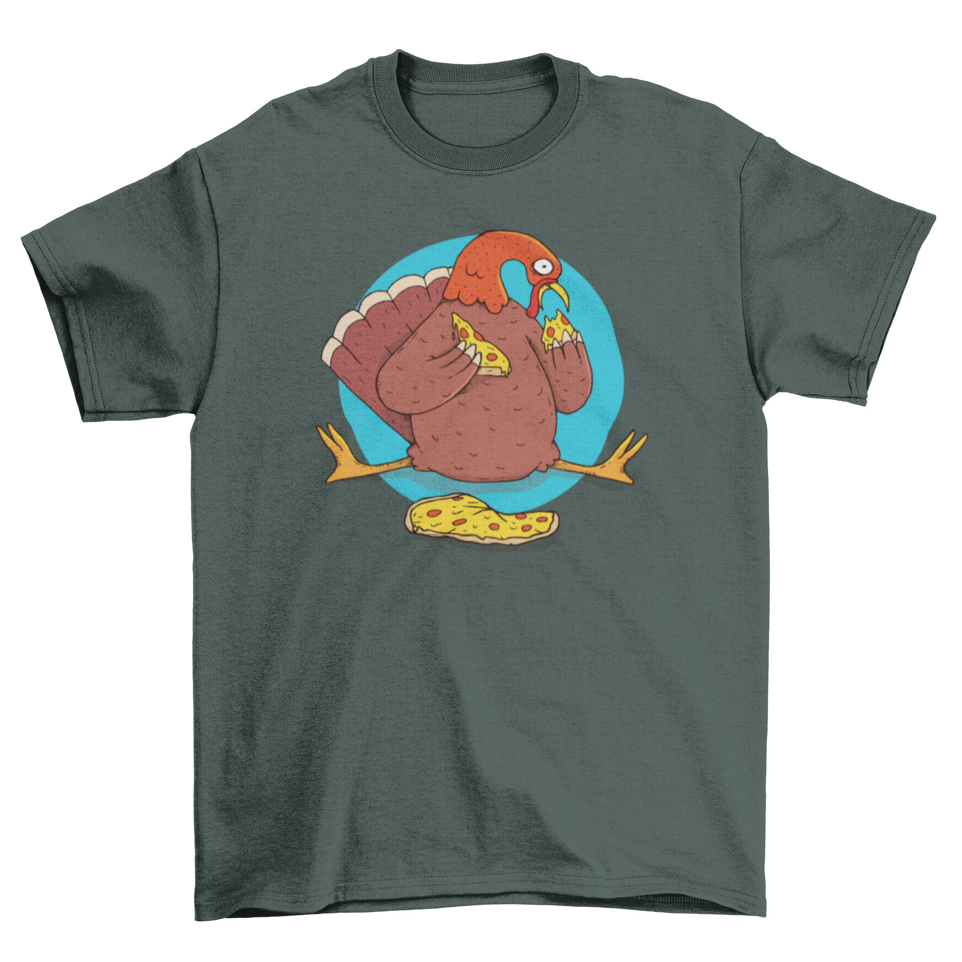 A humorous Turkey Pizza T-shirt featuring a cartoon turkey eating pizza on a blue circular background.