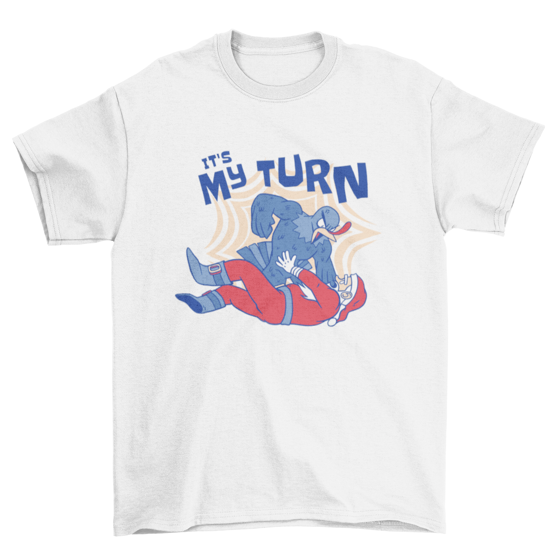 A humorous t-shirt design featuring a turkey battling Santa Claus with the caption 'It's my turn.'