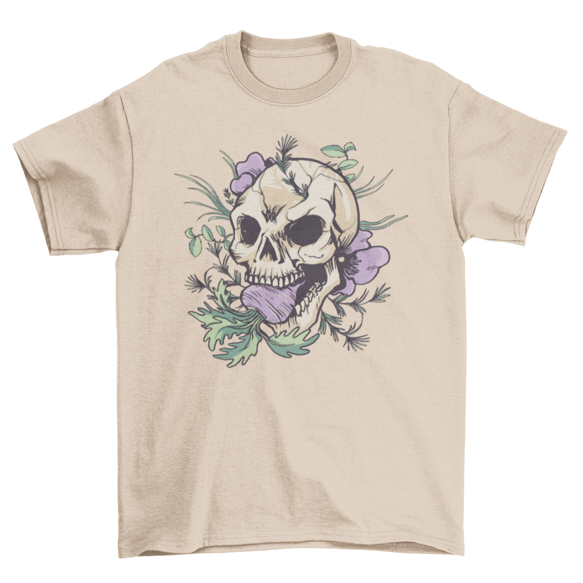 A stylish Turnip Skull T-Shirt featuring a floral skull design with a turnip in its mouth, showcasing vibrant colors and intricate details.