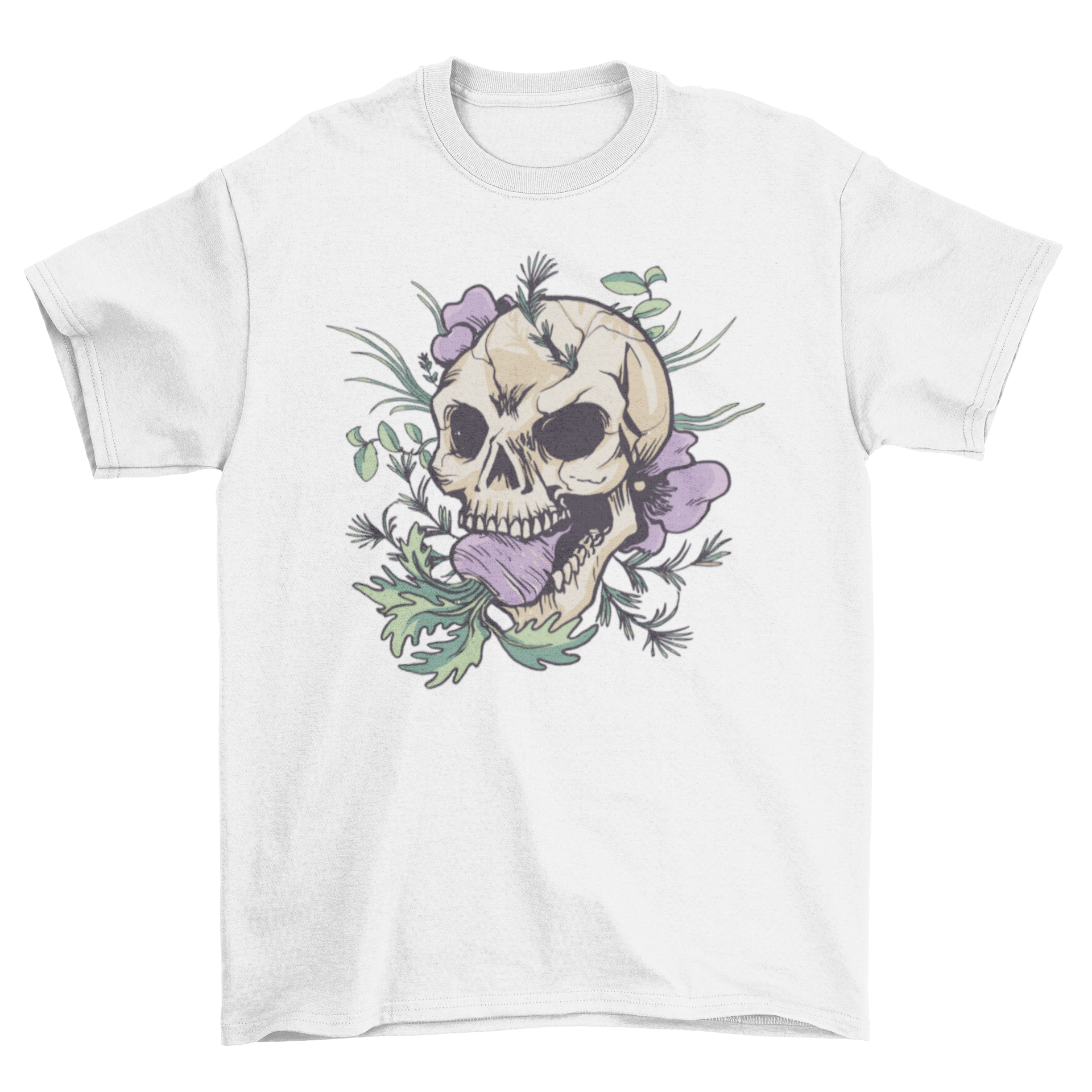 A stylish Turnip Skull T-Shirt featuring a floral skull design with a turnip in its mouth, showcasing vibrant colors and intricate details.