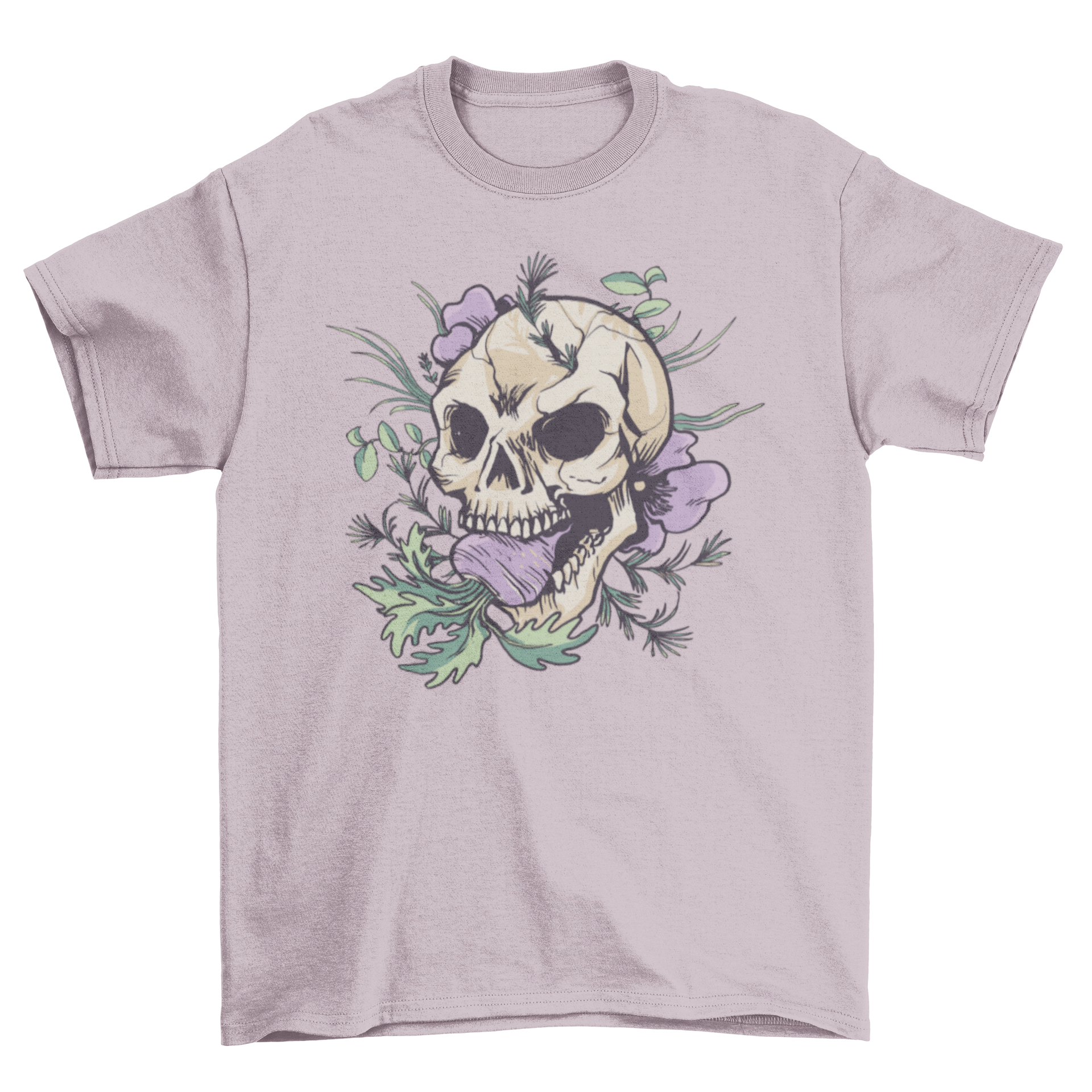 A stylish Turnip Skull T-Shirt featuring a floral skull design with a turnip in its mouth, showcasing vibrant colors and intricate details.