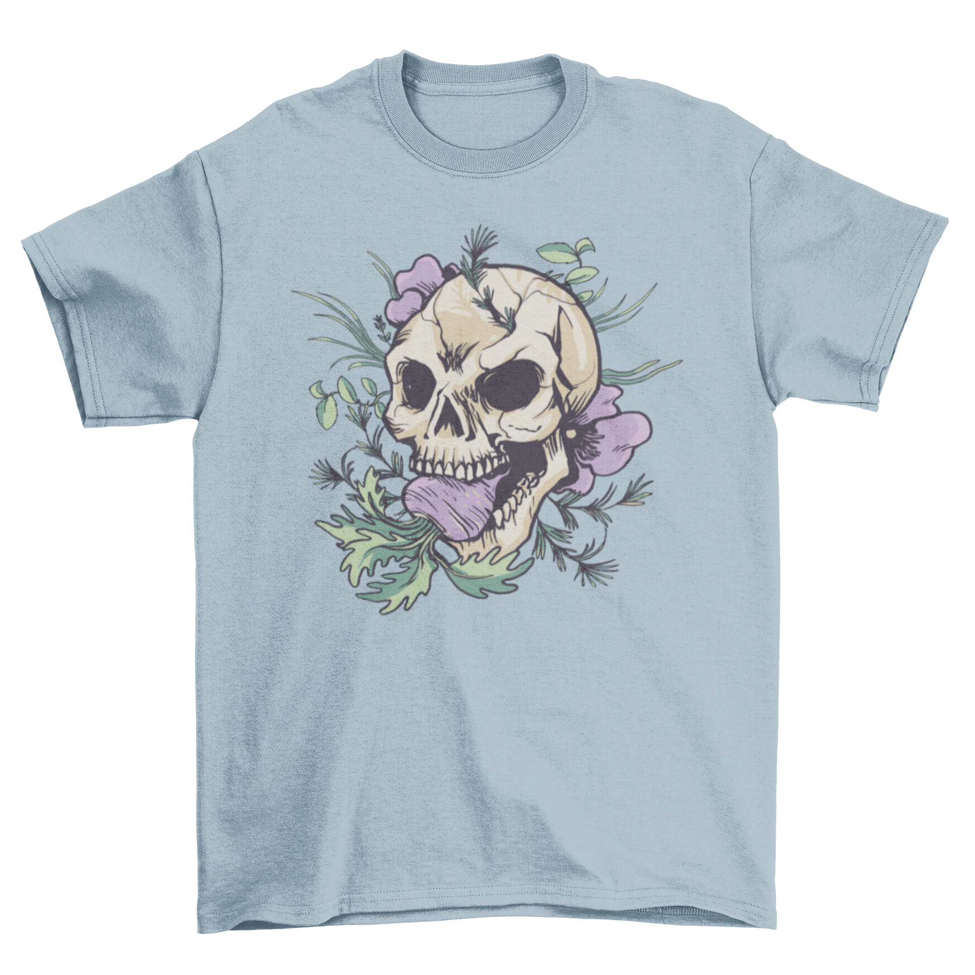 A stylish Turnip Skull T-Shirt featuring a floral skull design with a turnip in its mouth, showcasing vibrant colors and intricate details.