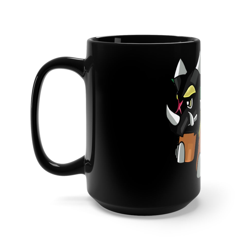 Turroxosaurus Black Mug 15oz, a stylish black ceramic mug with rounded corners and a C-handle, perfect for coffee and tea lovers.