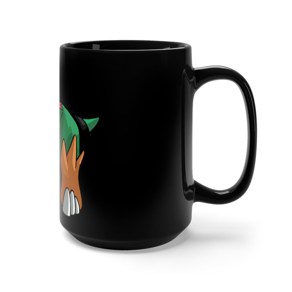 Turroxosaurus Black Mug 15oz, a stylish black ceramic mug with rounded corners and a C-handle, perfect for coffee and tea lovers.