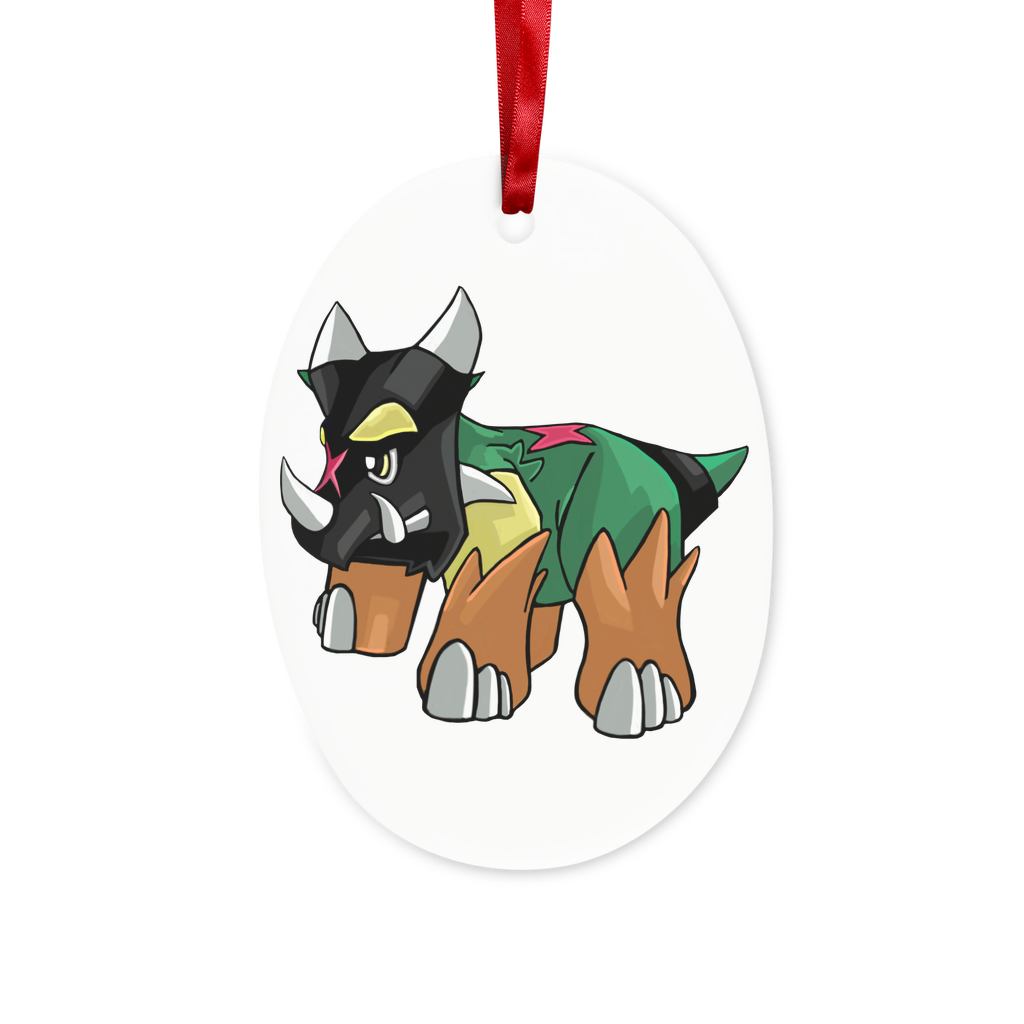 Turroxosaurus Ceramic Hanging Ornament with red ribbon and gold string, beautifully crafted for holiday decoration.