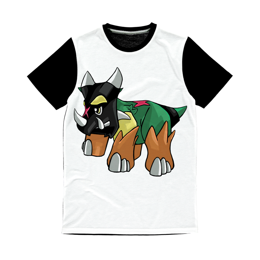 Turroxosaurus Classic Sublimation Panel T-Shirt featuring a vibrant front design and plain black back, ideal for sublimation printing.