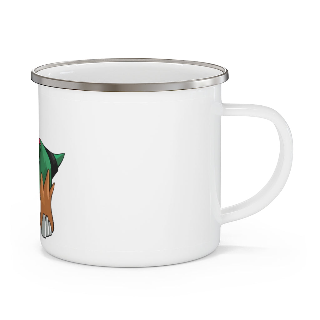 Turroxosaurus Enamel Camping Mug with a vibrant design, showcasing its durable stainless steel construction and C-handle.