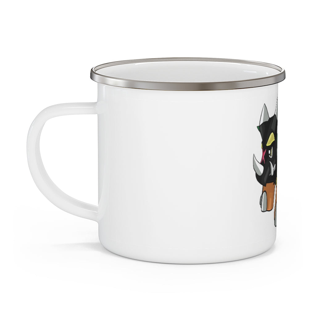 Turroxosaurus Enamel Camping Mug with a vibrant design, showcasing its durable stainless steel construction and C-handle.