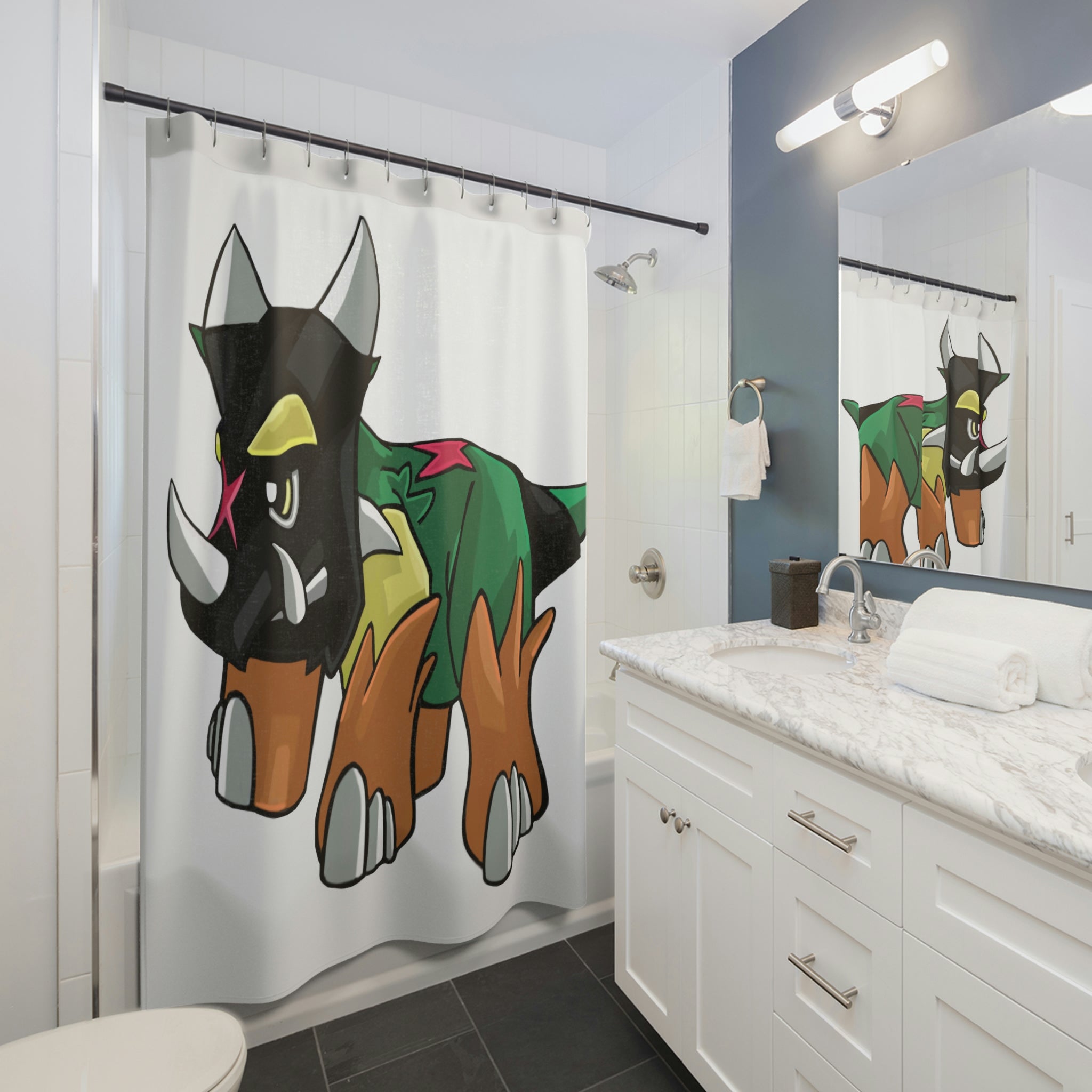 Turroxosaurus Shower Curtain featuring vibrant dinosaur designs on durable polyester fabric, perfect for adding style to any bathroom.