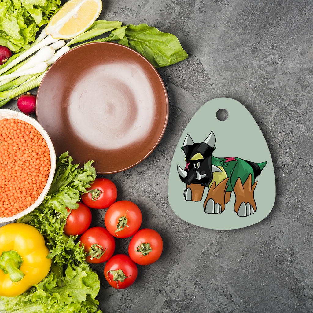 Turroxosaurus Sublimation Glass Cutting Board with custom design, featuring a round shape and rubber feet for stability.