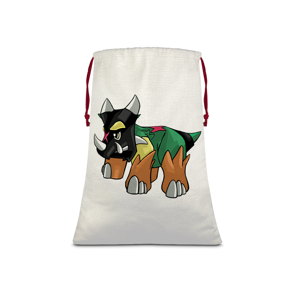 Turroxosaurus Sublimation Linen Drawstring Sack with red drawstring, featuring a linen effect and eco-friendly print.