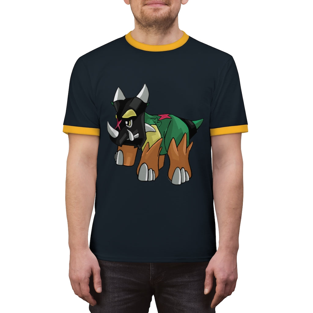 Turroxosaurus Unisex Ringer Tee in various colors, showcasing its lightweight fabric and stylish design.