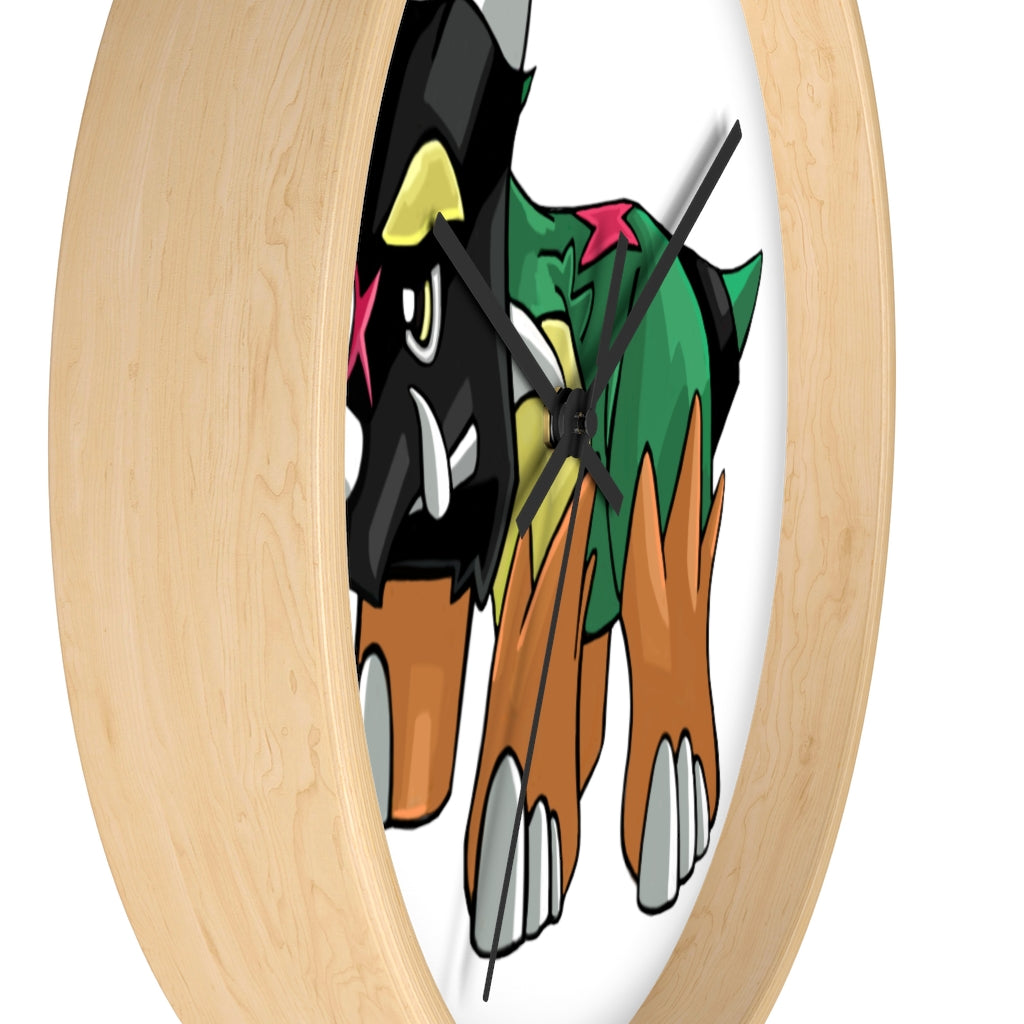 Turroxosaurus Wall Clock featuring a unique dinosaur design with a wooden frame and plexiglass face.