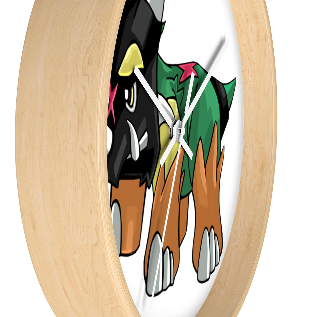 Turroxosaurus Wall Clock featuring a unique dinosaur design with a wooden frame and plexiglass face.