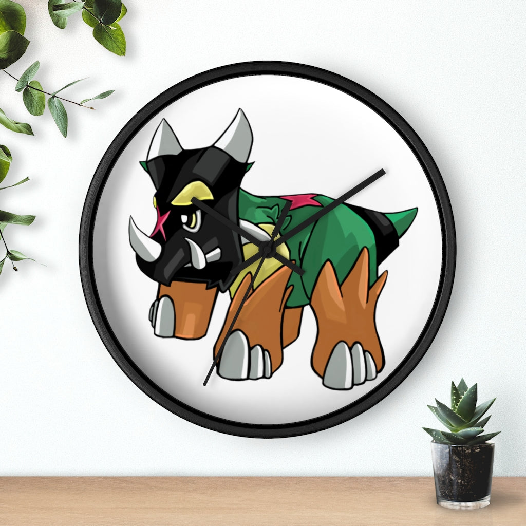 Turroxosaurus Wall Clock featuring a unique dinosaur design with a wooden frame and plexiglass face.