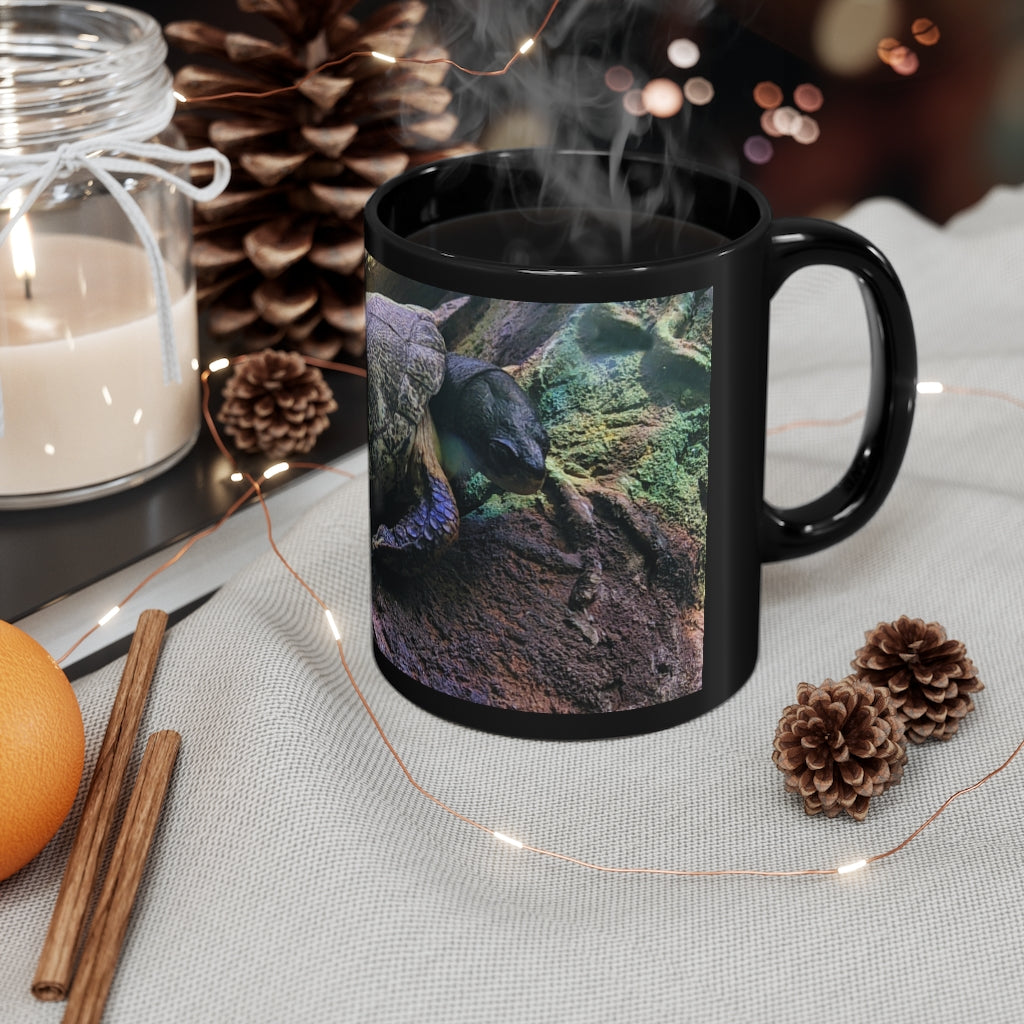 Turtle 11oz black ceramic mug with a sleek design, perfect for coffee, tea, or hot chocolate.