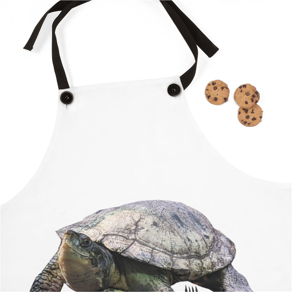 A stylish Turtle Apron made of lightweight polyester with a custom design and black detachable twill straps, perfect for cooking.