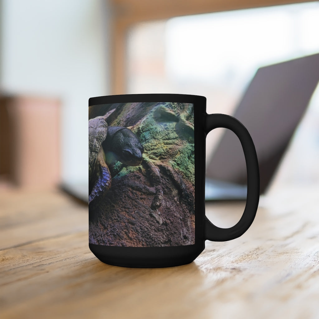 Turtle Black Mug 15oz, a stylish black ceramic mug with a C-handle, perfect for coffee and tea lovers.