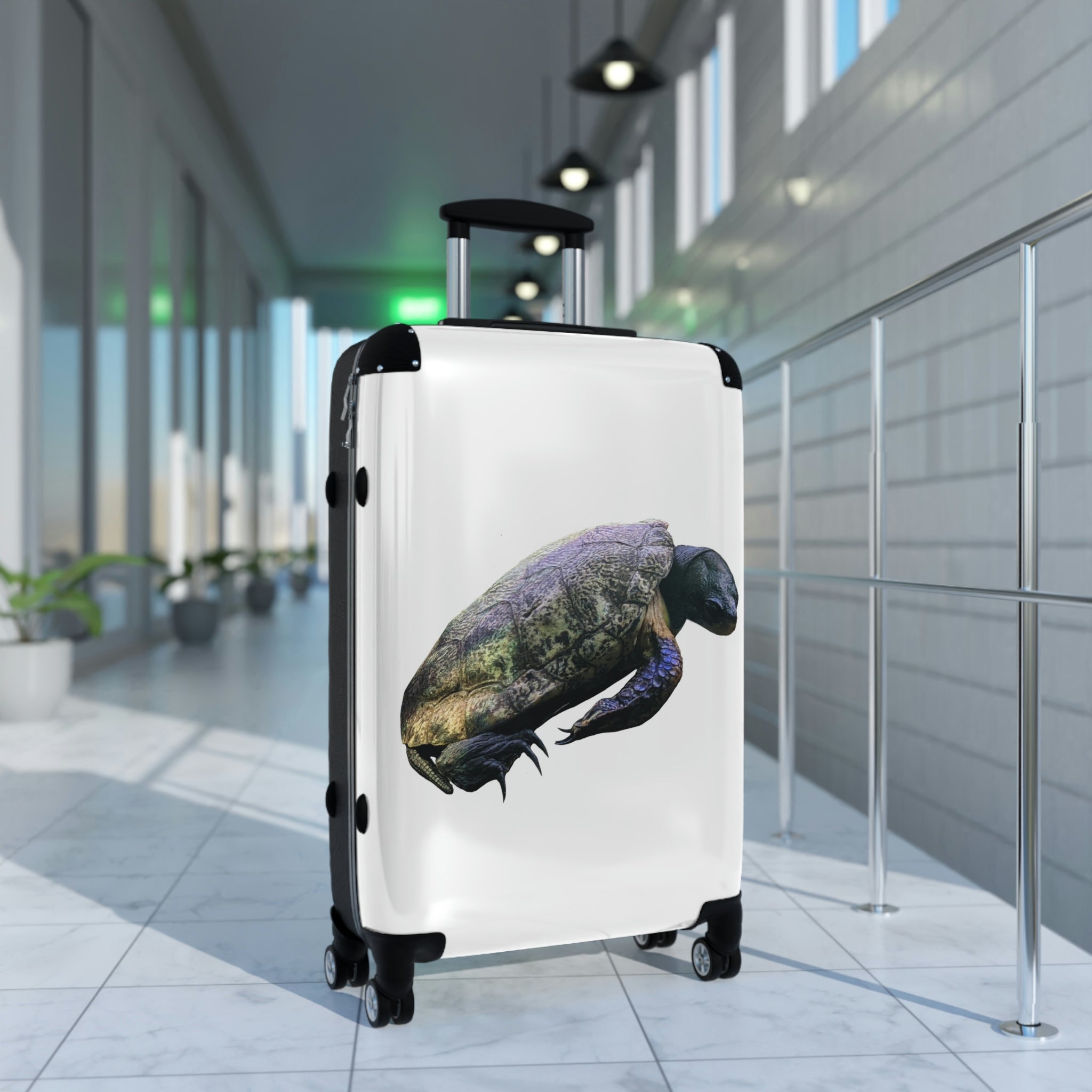 Turtle Cabin Suitcase featuring a personalized design, lightweight construction, and durable hard-shell material.