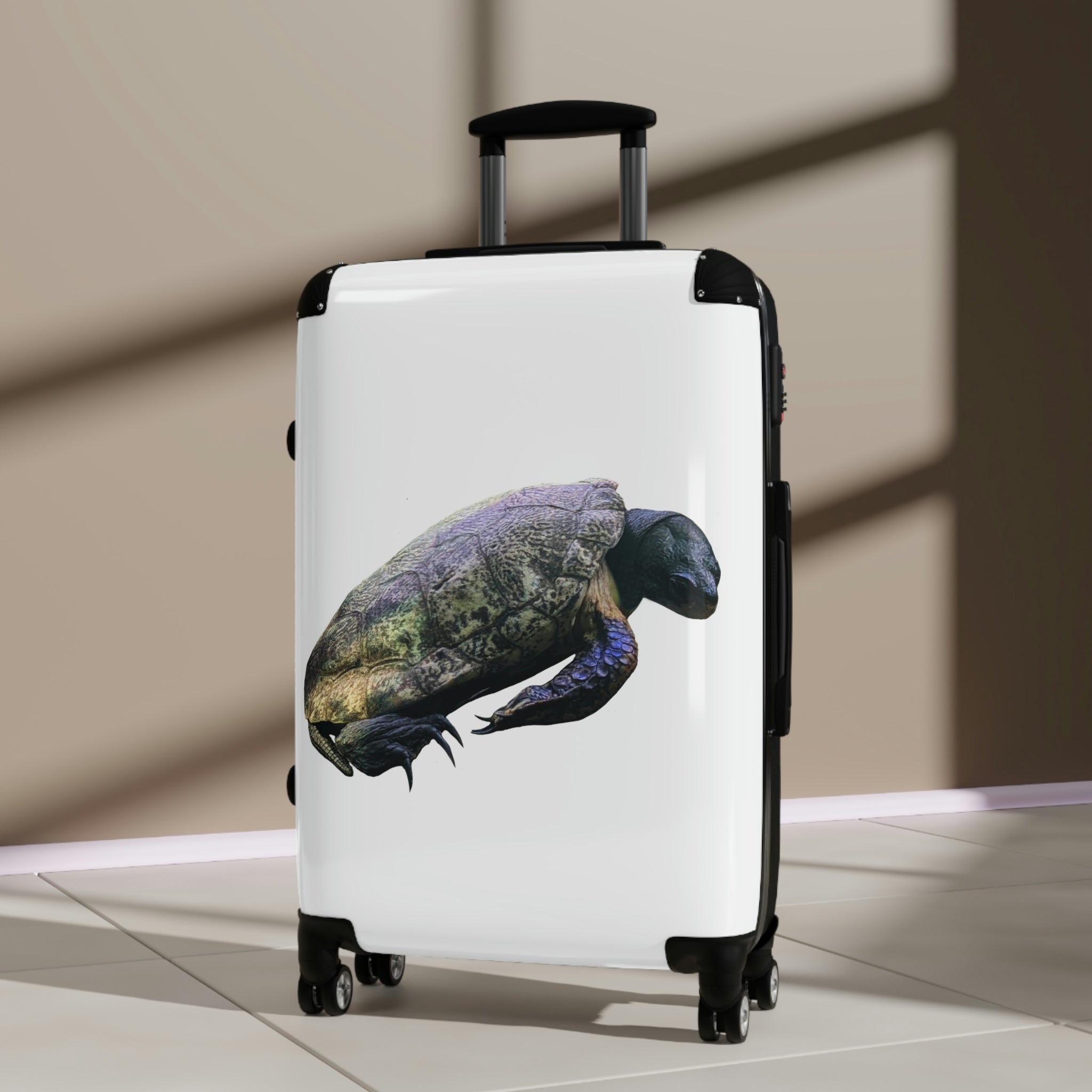 Turtle Cabin Suitcase featuring a personalized design, lightweight construction, and durable hard-shell material.