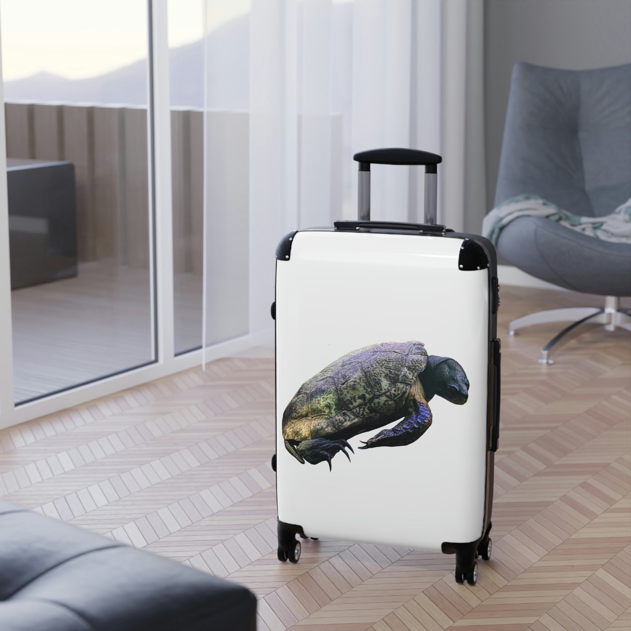 Turtle Cabin Suitcase featuring a personalized design, lightweight construction, and durable hard-shell material.