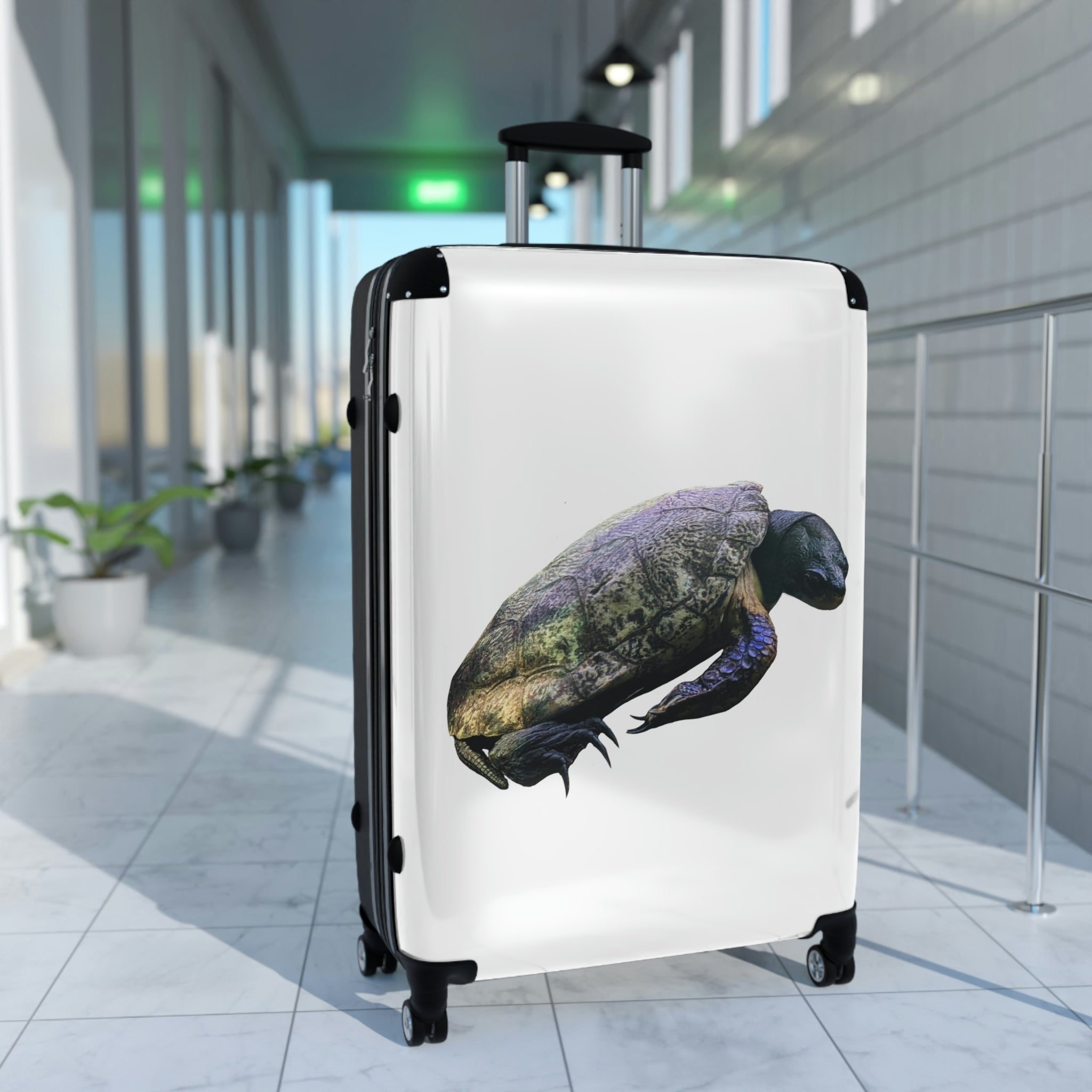 Turtle Cabin Suitcase featuring a personalized design, lightweight construction, and durable hard-shell material.