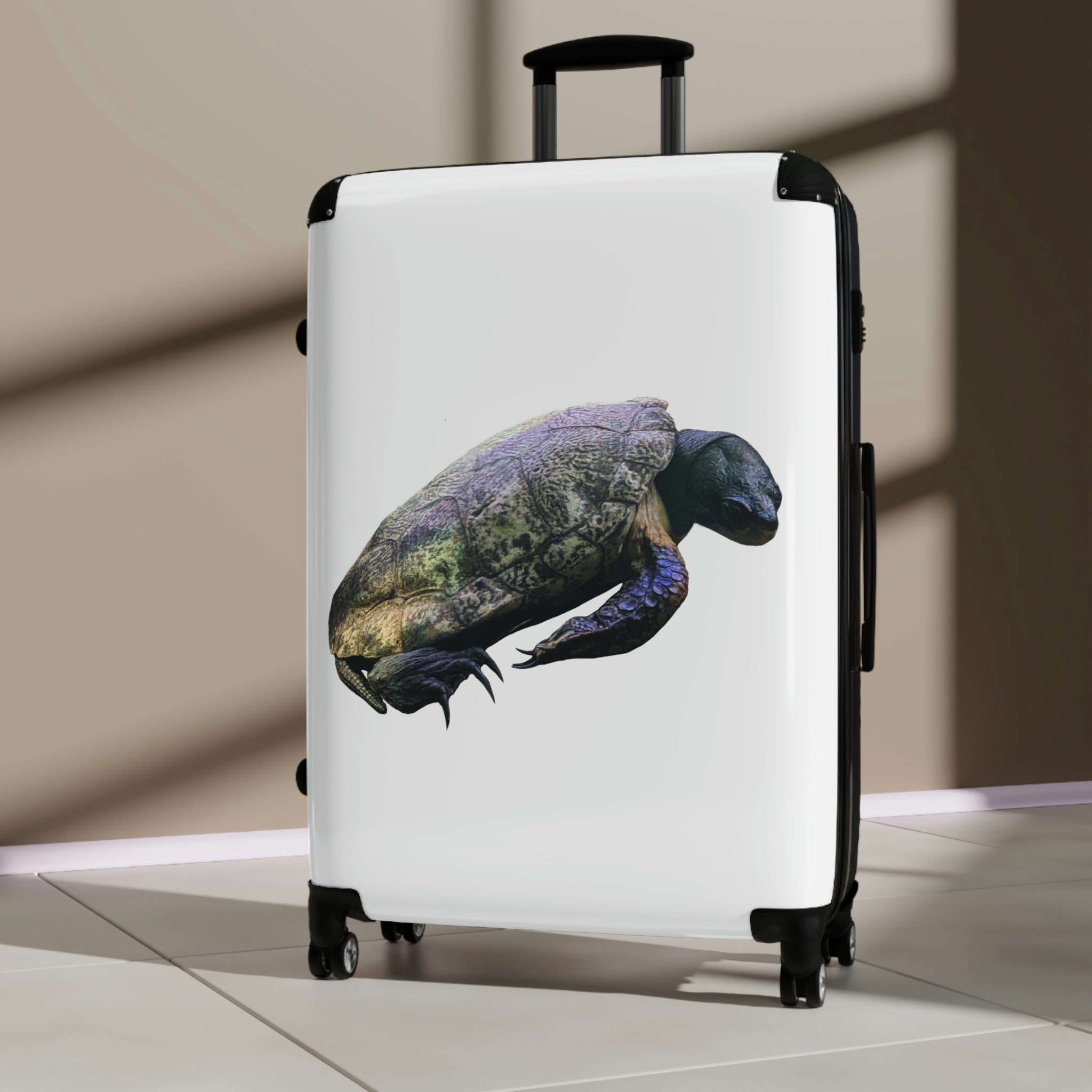 Turtle Cabin Suitcase featuring a personalized design, lightweight construction, and durable hard-shell material.