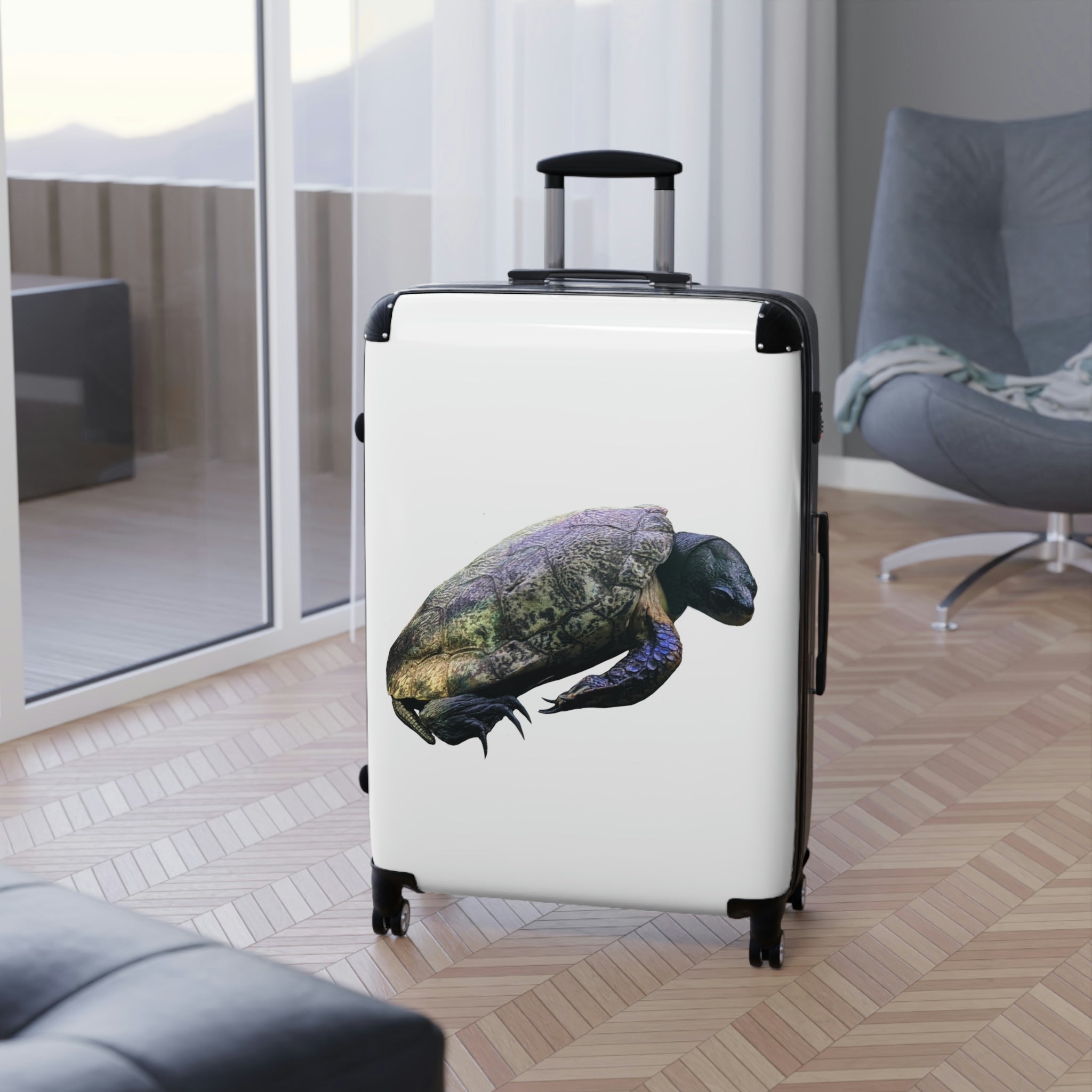 Turtle Cabin Suitcase featuring a personalized design, lightweight construction, and durable hard-shell material.