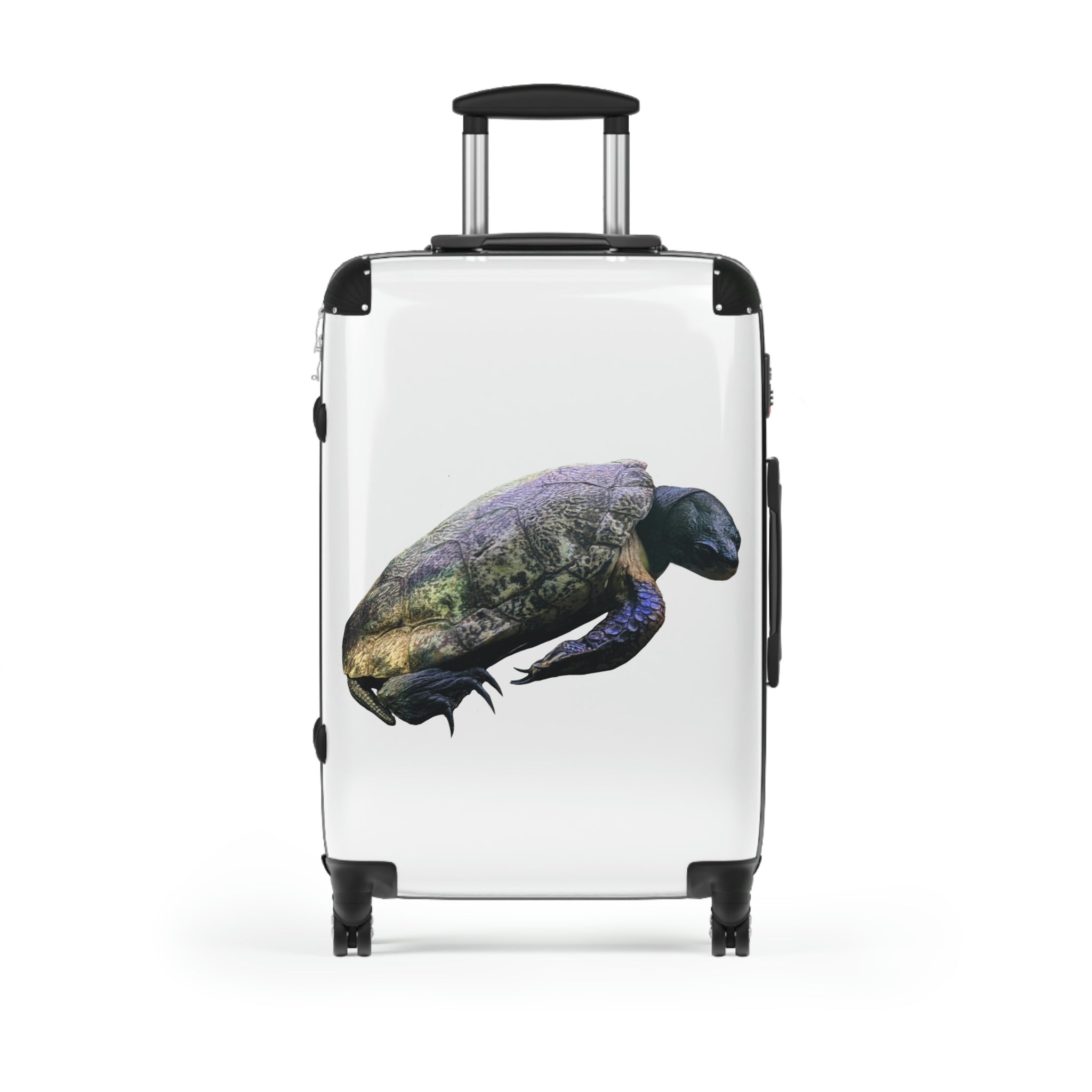 Turtle Cabin Suitcase featuring a personalized design, lightweight construction, and durable hard-shell material.