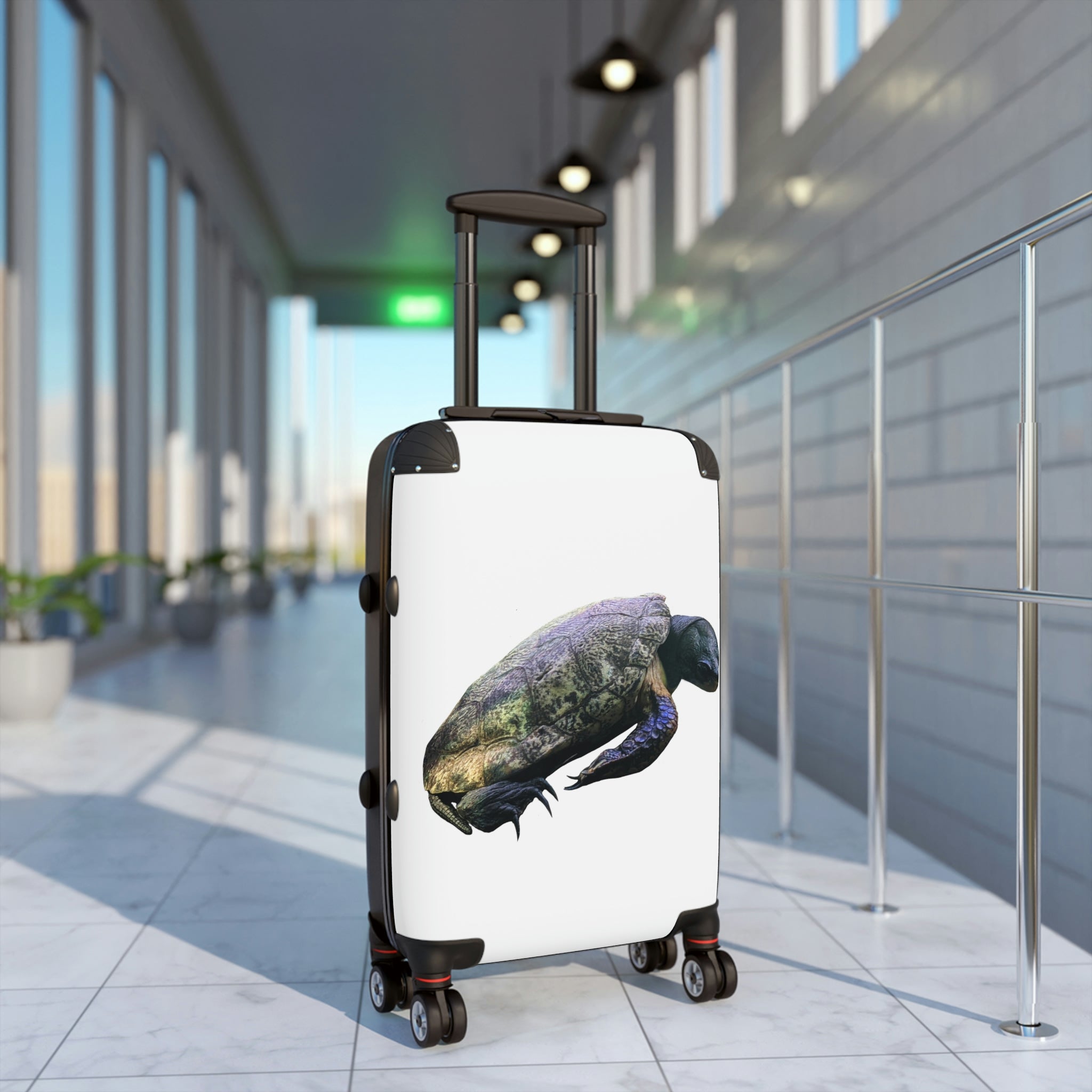 Turtle Cabin Suitcase featuring a personalized design, lightweight construction, and durable hard-shell material.