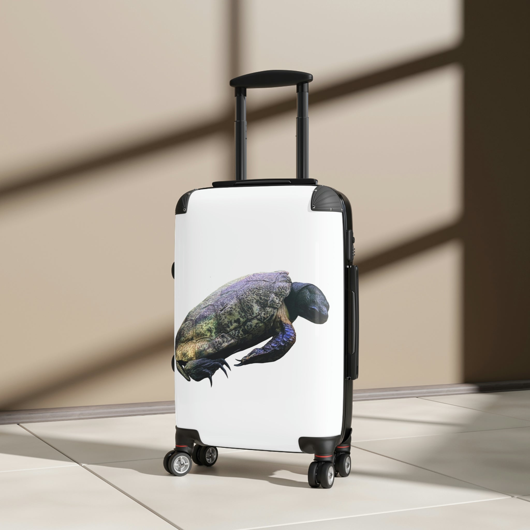 Turtle Cabin Suitcase featuring a personalized design, lightweight construction, and durable hard-shell material.