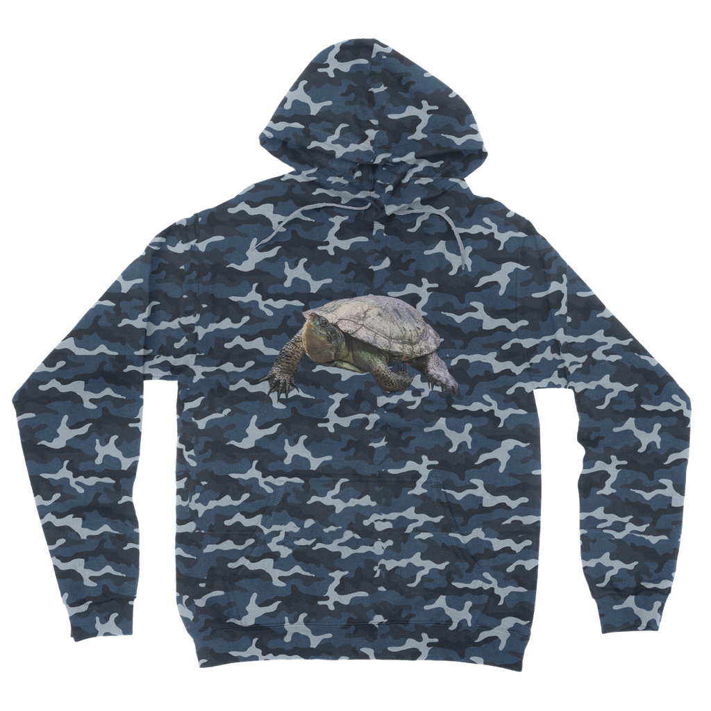 Turtle Camouflage Adult Hoodie featuring an all-over camo design, double fabric hood, and kangaroo pouch pocket, perfect for casual wear.