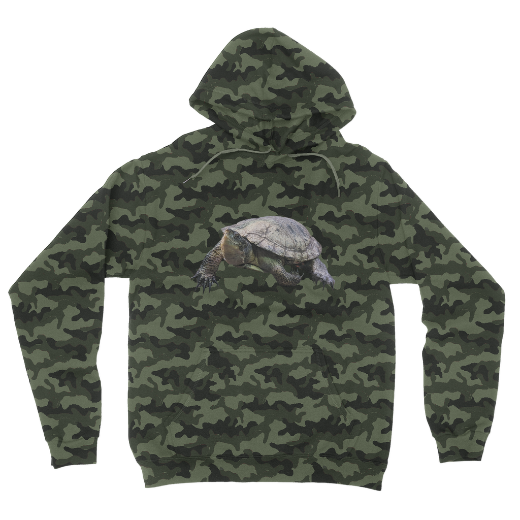 Turtle Camouflage Adult Hoodie featuring an all-over camo design, double fabric hood, and kangaroo pouch pocket, perfect for casual wear.