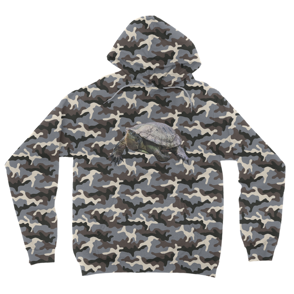 Turtle Camouflage Adult Hoodie featuring an all-over camo design, double fabric hood, and kangaroo pouch pocket, perfect for casual wear.