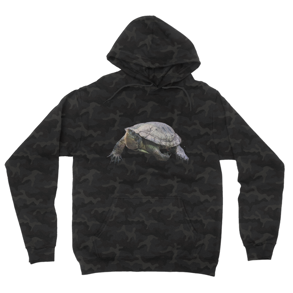 Turtle Camouflage Adult Hoodie featuring an all-over camo design, double fabric hood, and kangaroo pouch pocket, perfect for casual wear.