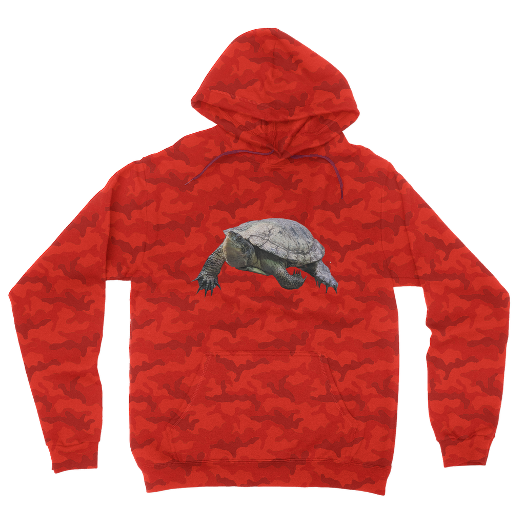 Turtle Camouflage Adult Hoodie featuring an all-over camo design, double fabric hood, and kangaroo pouch pocket, perfect for casual wear.