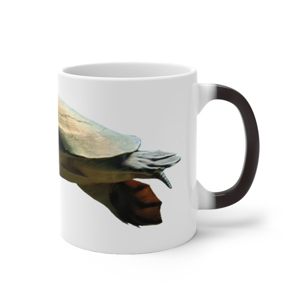 A Turtle Color Changing Mug showcasing its vibrant color transformation when filled with a hot beverage, featuring a rounded design and C-handle.