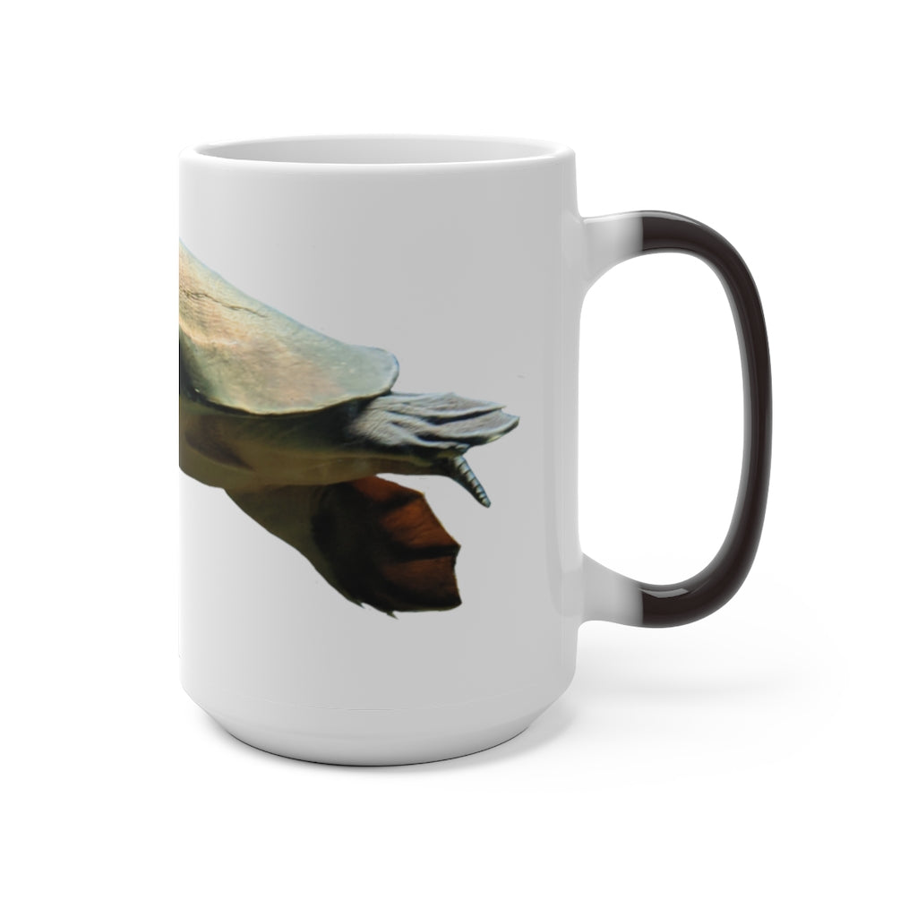 A Turtle Color Changing Mug showcasing its vibrant color transformation when filled with a hot beverage, featuring a rounded design and C-handle.