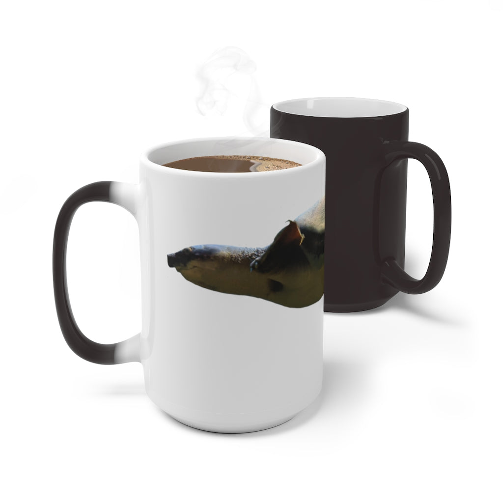 A Turtle Color Changing Mug showcasing its vibrant color transformation when filled with a hot beverage, featuring a rounded design and C-handle.