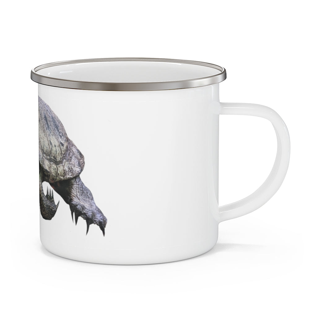 Turtle Enamel Camping Mug with a C-handle, showcasing a personalized design and durable enamel finish, perfect for outdoor adventures.