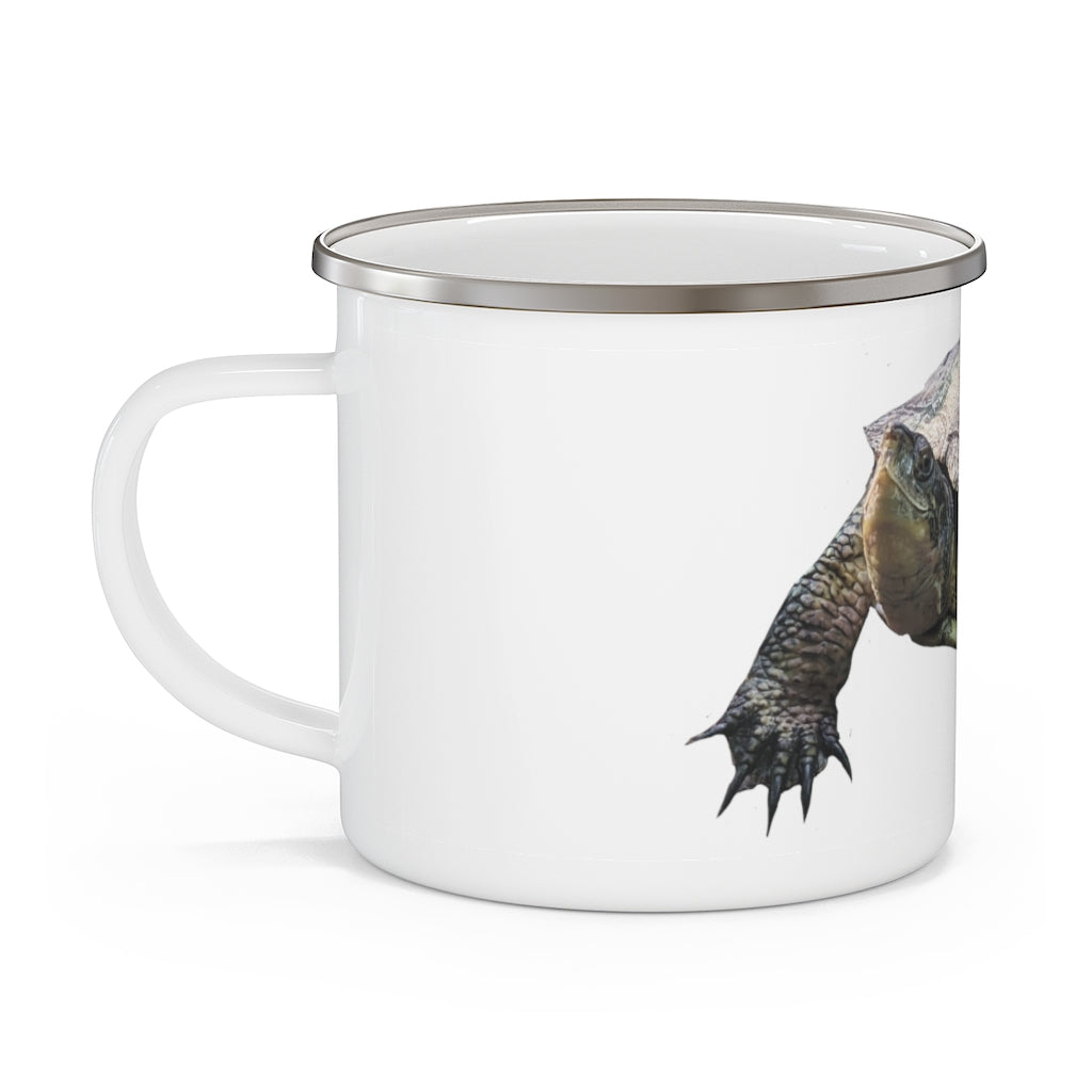 Turtle Enamel Camping Mug with a C-handle, showcasing a personalized design and durable enamel finish, perfect for outdoor adventures.