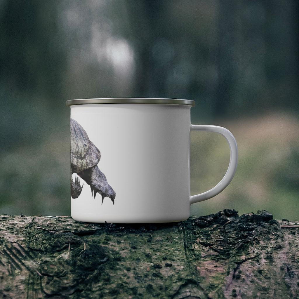 Turtle Enamel Camping Mug with a C-handle, showcasing a personalized design and durable enamel finish, perfect for outdoor adventures.