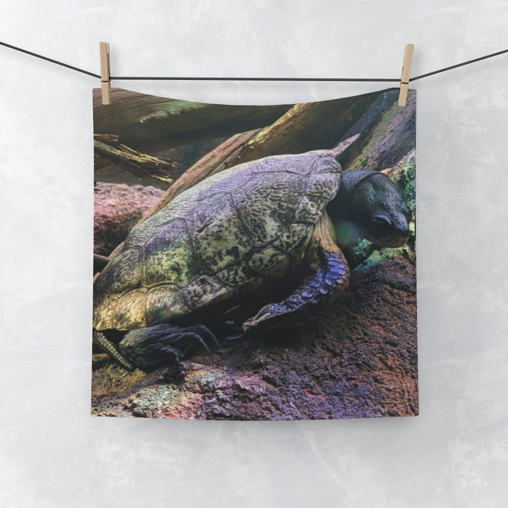 Custom Turtle Face Towel featuring vibrant polyester front and soft cotton back, ideal for personal designs.