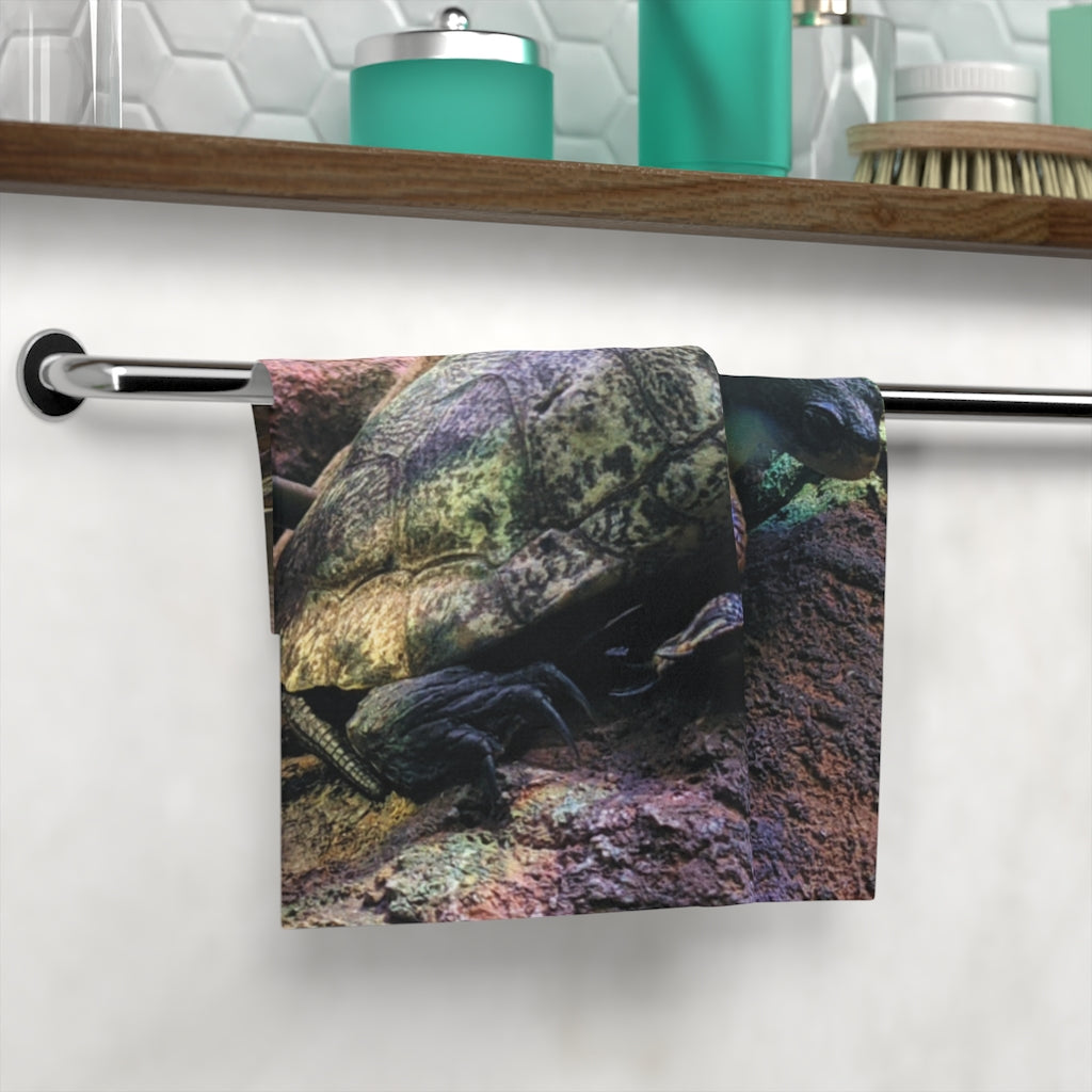 Custom Turtle Face Towel featuring vibrant polyester front and soft cotton back, ideal for personal designs.