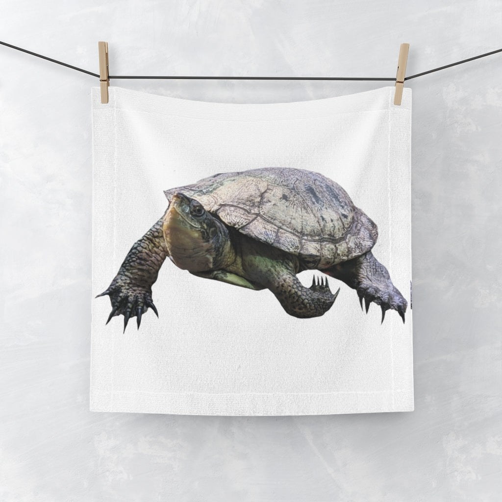 A vibrant Turtle Face Towel featuring a customizable polyester front and soft cotton back, perfect for personal use or as a gift.