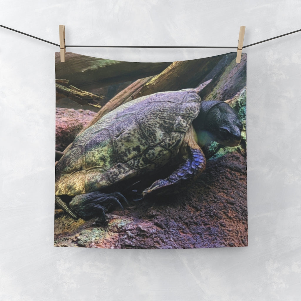 Turtle Face Towel featuring a vibrant custom print on a polyester blend front and soft cotton back, ideal for bathroom use.