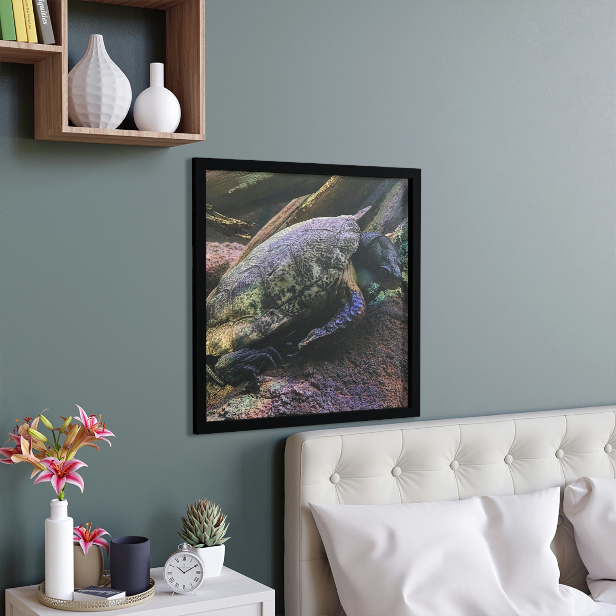 A beautifully framed Turtle poster with a hand-crafted wooden frame, showcasing vibrant colors and intricate details.