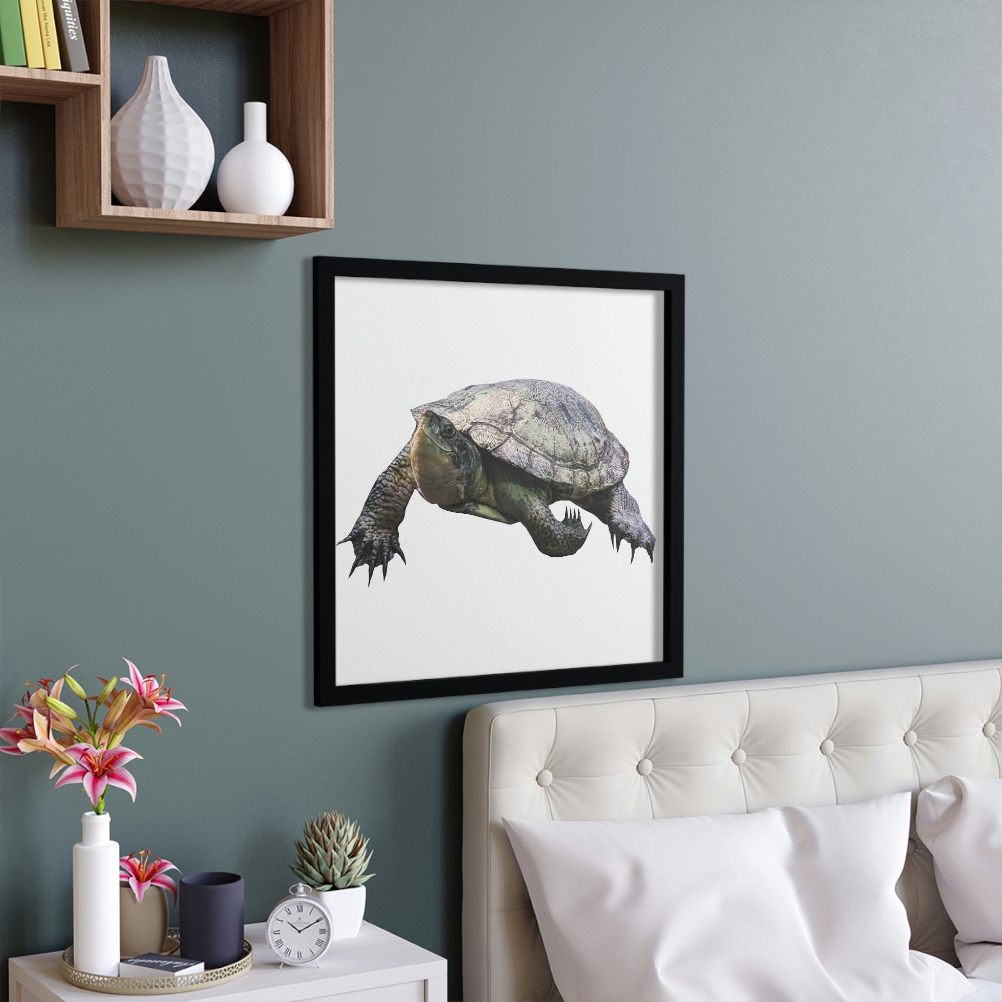 A beautifully framed Turtle poster featuring vibrant colors and a hand-crafted wooden frame, perfect for home decor.