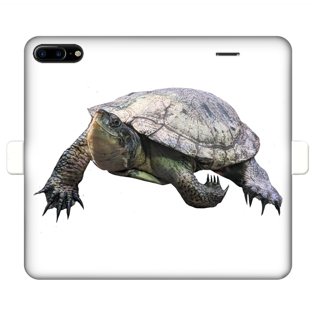 Turtle Fully Printed Wallet Case showcasing vibrant UV-printed design, magnetic closure, and card storage slots, suitable for iPhone and Samsung models.