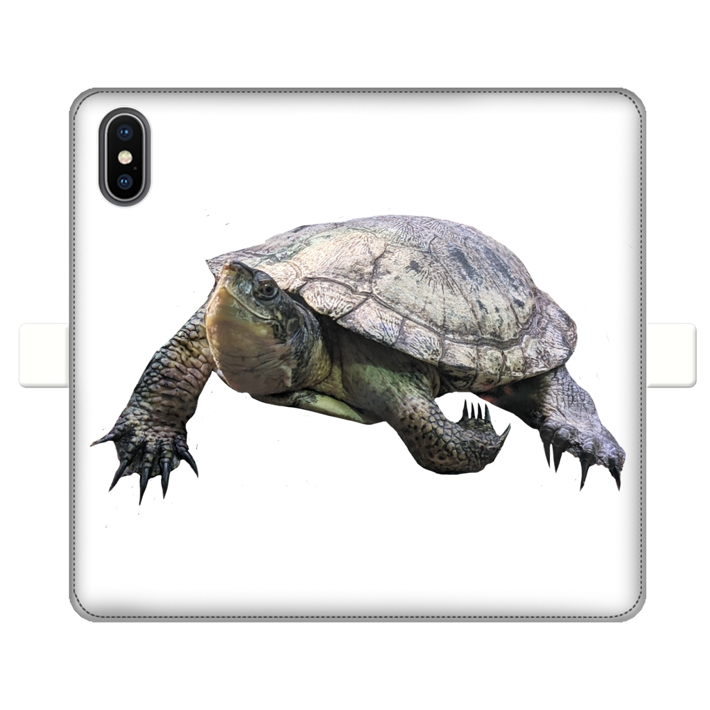 Turtle Fully Printed Wallet Case showcasing vibrant UV-printed design, magnetic closure, and card storage slots, suitable for iPhone and Samsung models.